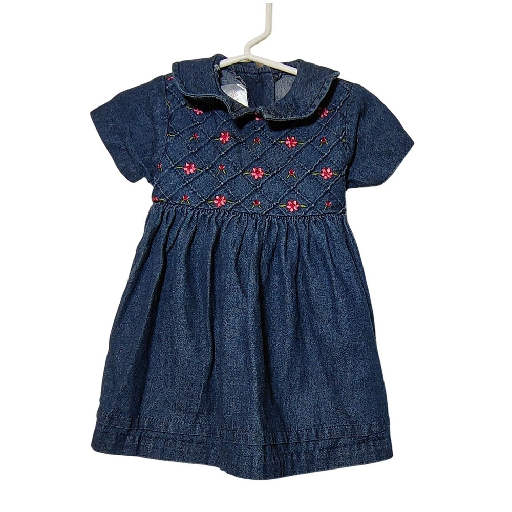 Bonnie Baby Cottagecore Floral Embroidered Denim Dress Girls 12MO Spring Country
